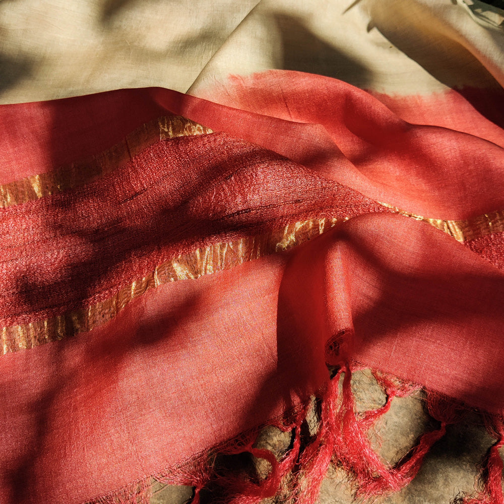 Multicolor - Pure Handloom Spun Silk Tie-Dye Stole with Ghicha Border