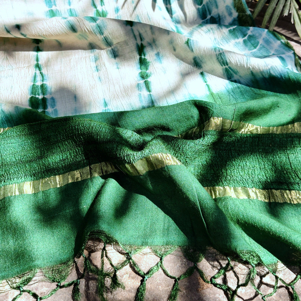 Green - Pure Handloom Spun Silk Tie-Dye Stole with Ghicha Border