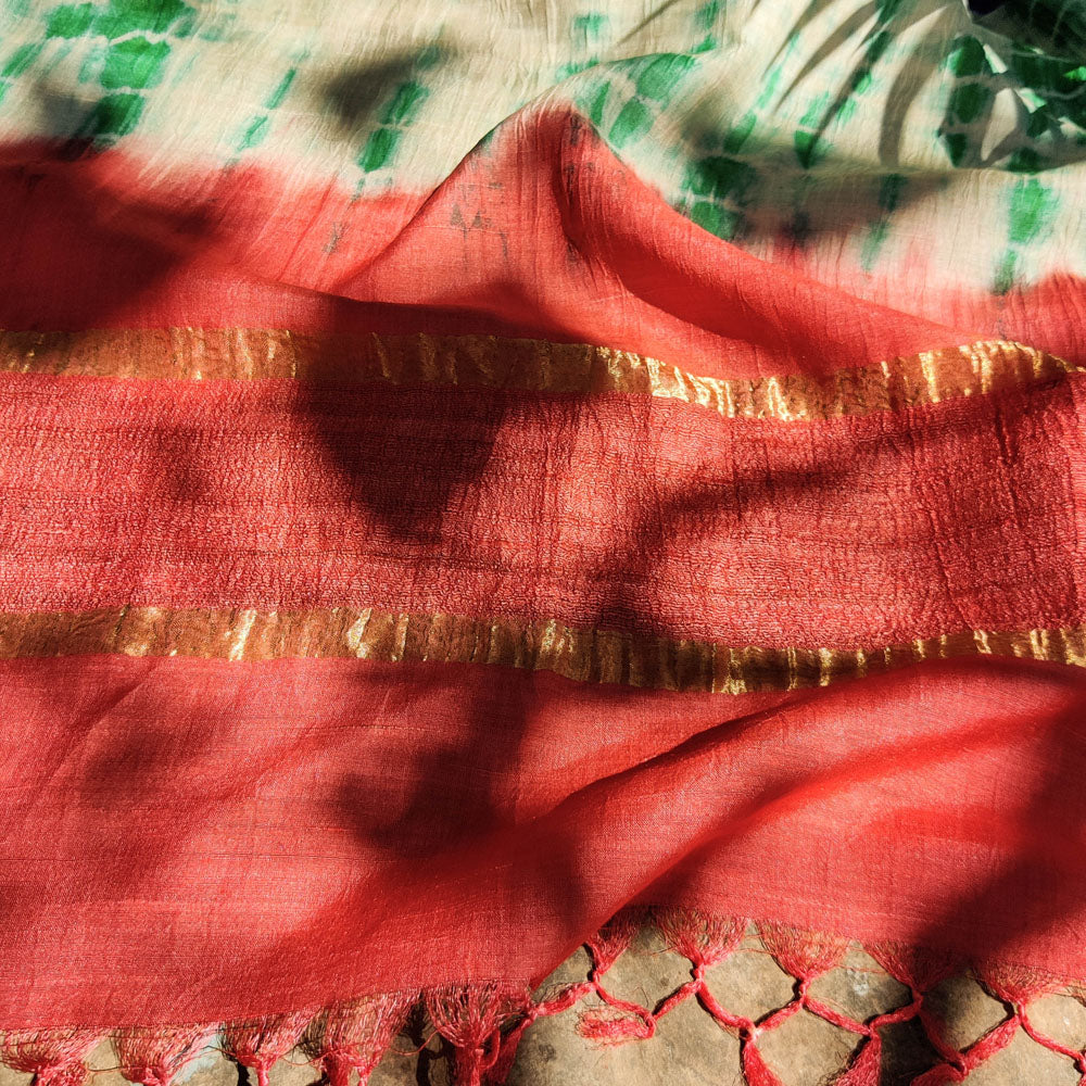 Multicolor - Pure Handloom Spun Silk Tie-Dye Stole with Ghicha Border