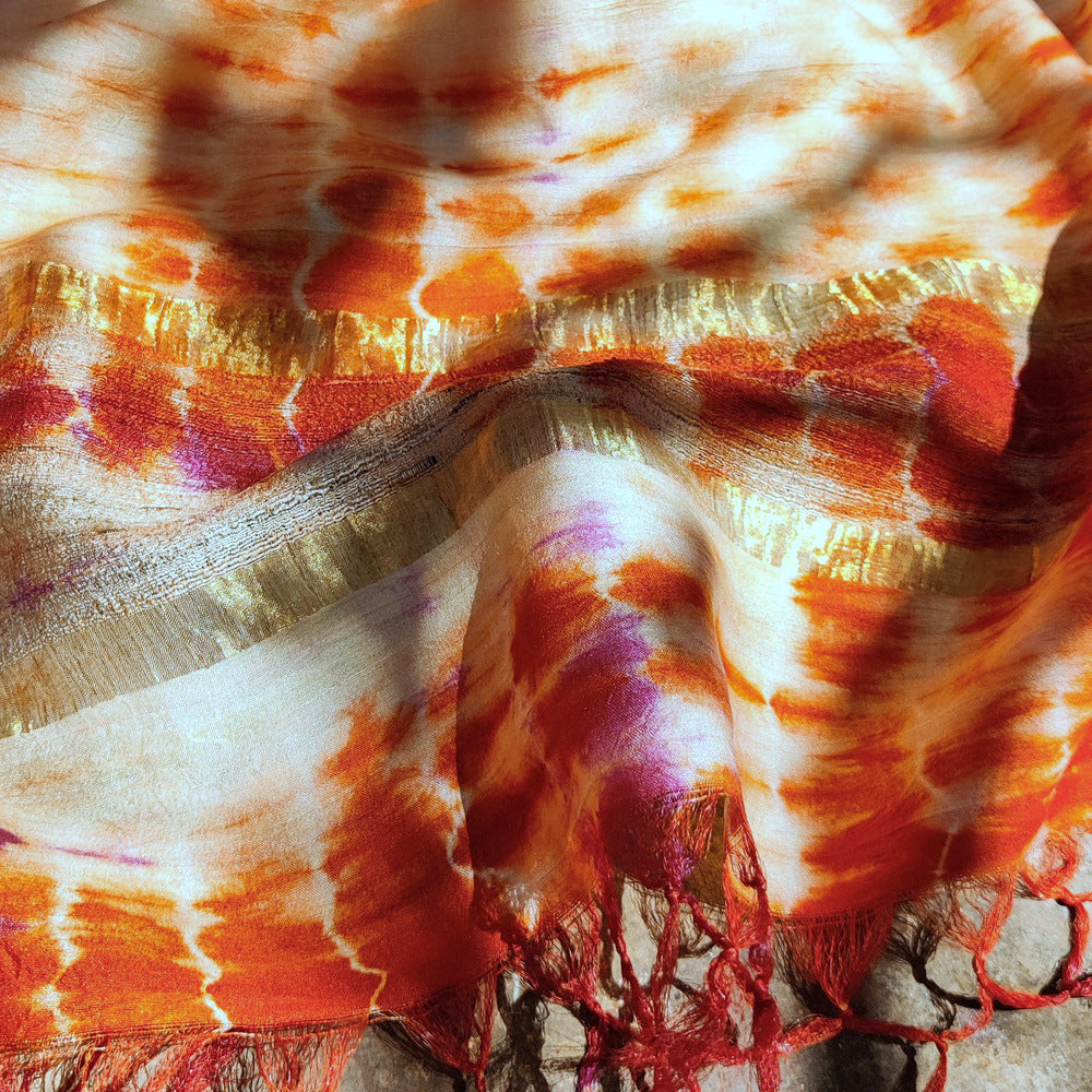 Multicolor - Pure Handloom Spun Silk Tie-Dye Stole with Ghicha Border