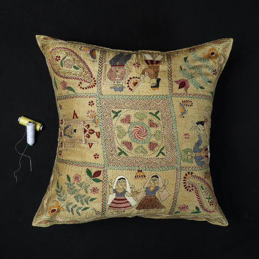 Kantha Hand Embroidered Pure Silk Cushion Cover (16 x 16 in)