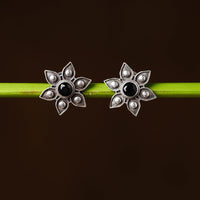 Antique Silver Finish Oxidised Brass Base Stone Work Stud Earrings