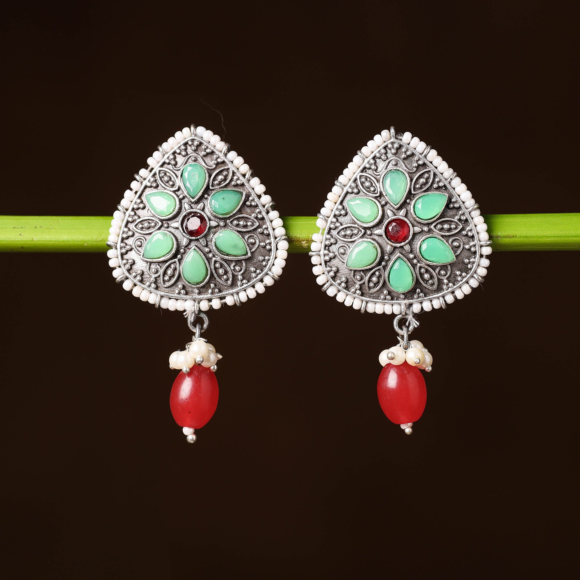  Antique Silver Finish Oxidised Brass Base Stone & Bead Work Earrings 