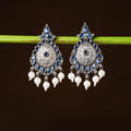 Antique Silver Finish Oxidised Brass Base Stone & Bead Work Earrings
