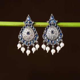 Antique Silver Finish Oxidised Brass Base Stone & Bead Work Earrings