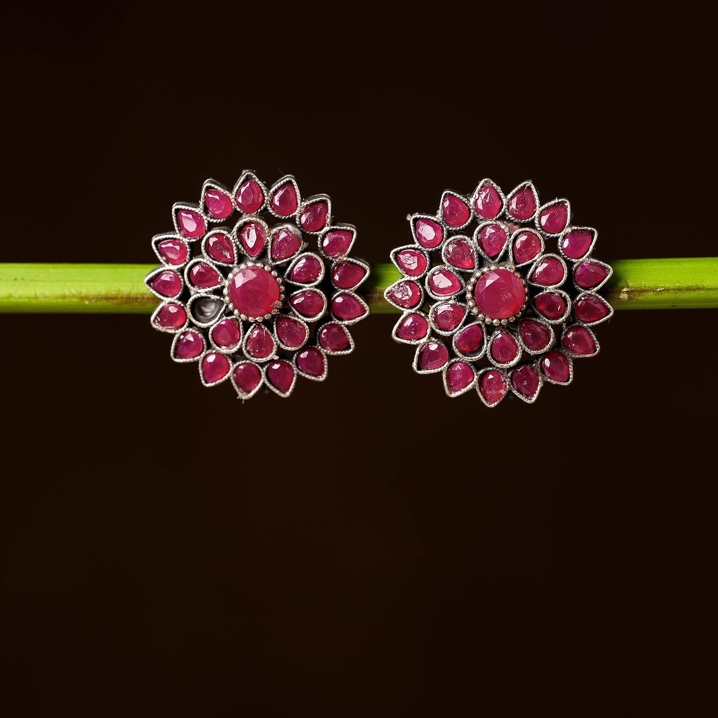 Antique Silver Finish Oxidised Brass Base Stone Work Stud Earrings