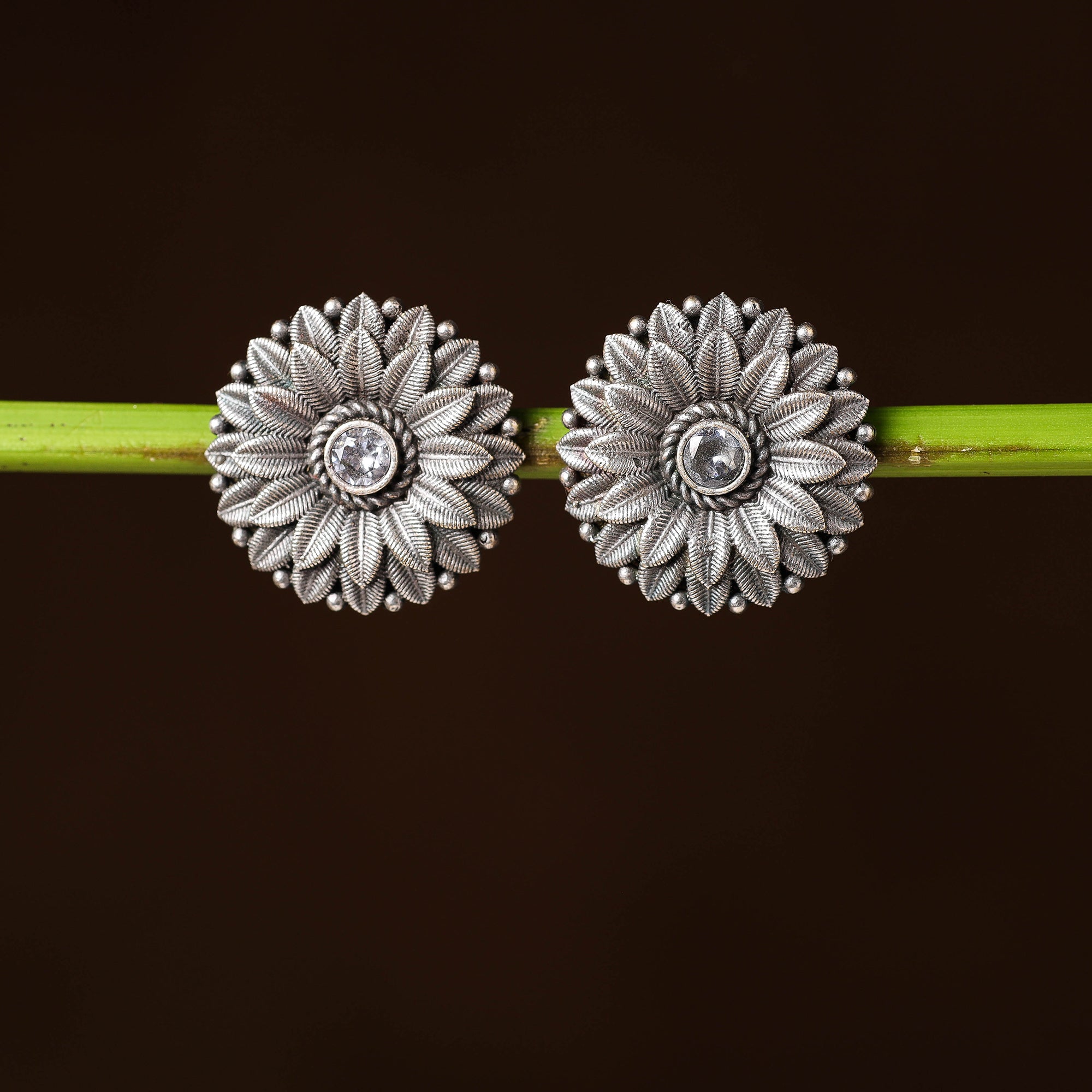  Antique Silver Finish Oxidised Brass Base Stone Work Stud Earrings 