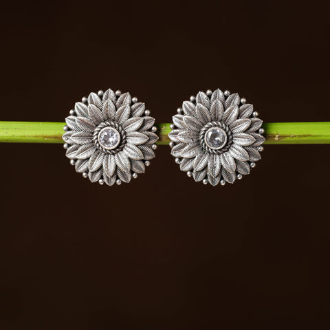  Antique Silver Finish Oxidised Brass Base Stone Work Stud Earrings 