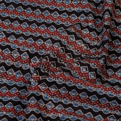 Black - Patterned Border On Black Ajrakh Hand Block Printed Natural Dyed Cotton Fabric
