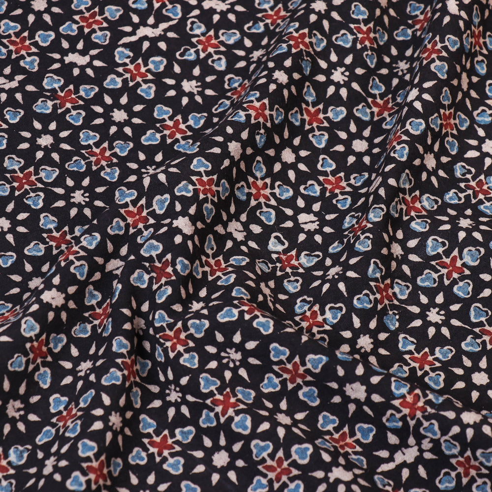 Black - Black Florals Ajrakh Hand Block Printed Natural Dyed Cotton Fabric