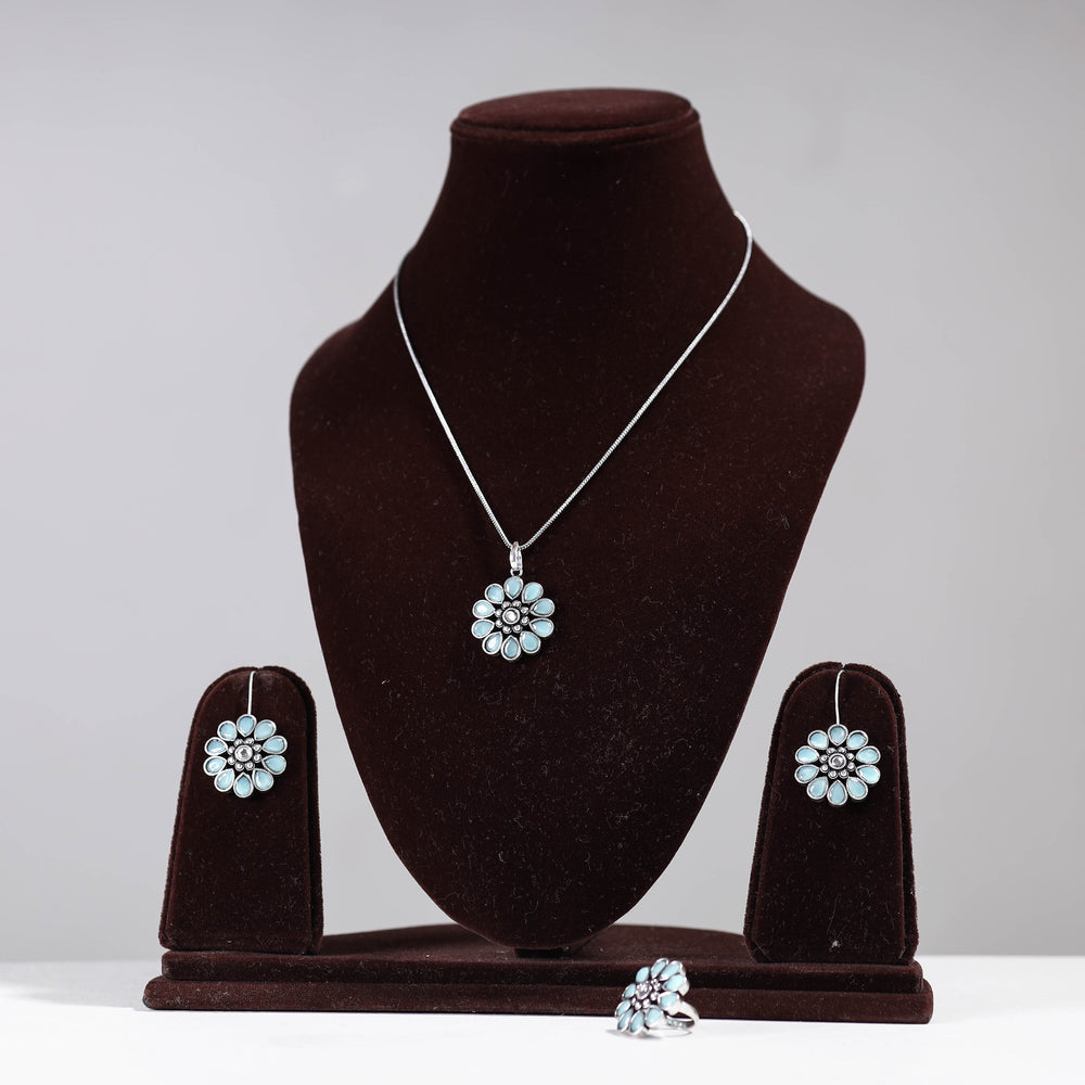 Antique Silver Finish Oxidised Brass Base Stone Work Necklace Set with Ring