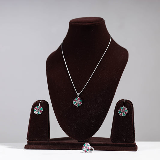 Antique Silver Finish Oxidised Brass Base Stone Work Necklace Set with Ring