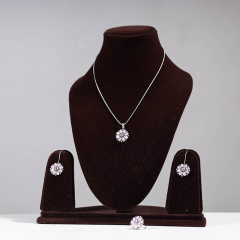  Antique Silver Finish Oxidised Brass Base Stone Work Necklace Set with Ring 