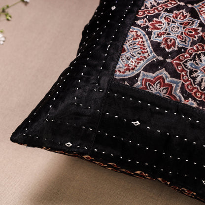 Black - Kutch Embroiderd Ajrakh Mashru Silk Cushion Cover (12 x 12 in)