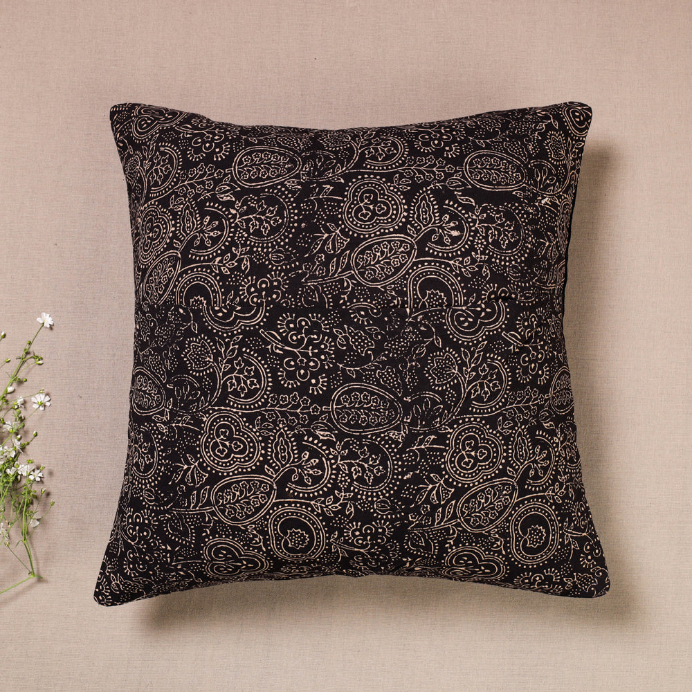 Black - Kutch Embroiderd Ajrakh Mashru Silk Cushion Cover (16 x 16 in)