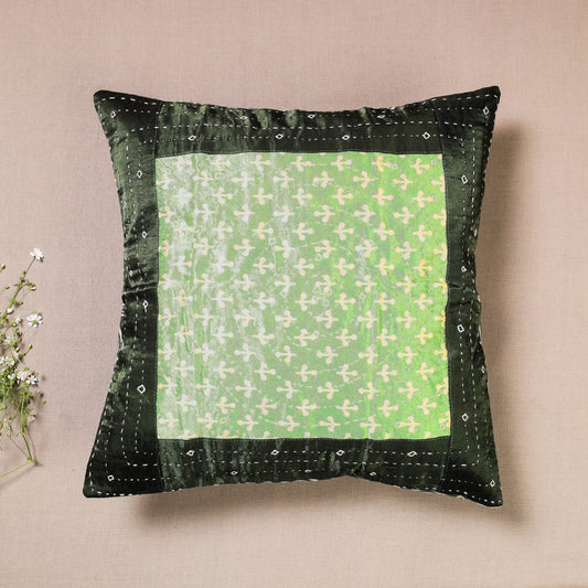 Green - Kutch Embroiderd Ajrakh Mashru Silk Cushion Cover (16 x 16 in)