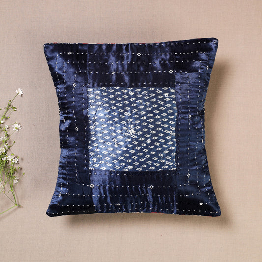 Blue - Kutch Embroiderd Ajrakh Mashru Silk Cushion Cover (12 x 12 in)