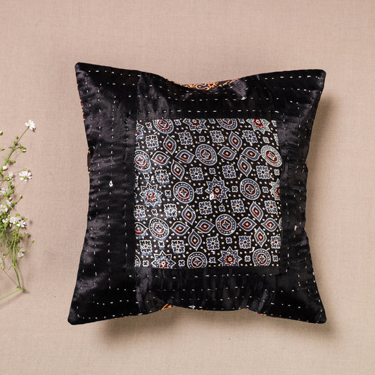 Black - Kutch Embroiderd Ajrakh Mashru Silk Cushion Cover (12 x 12 in)