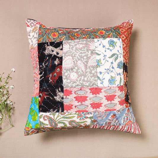Multicolor - Ajrakh Print Tagai Patchwork Cotton Cushion Cover (16 x 16 in)