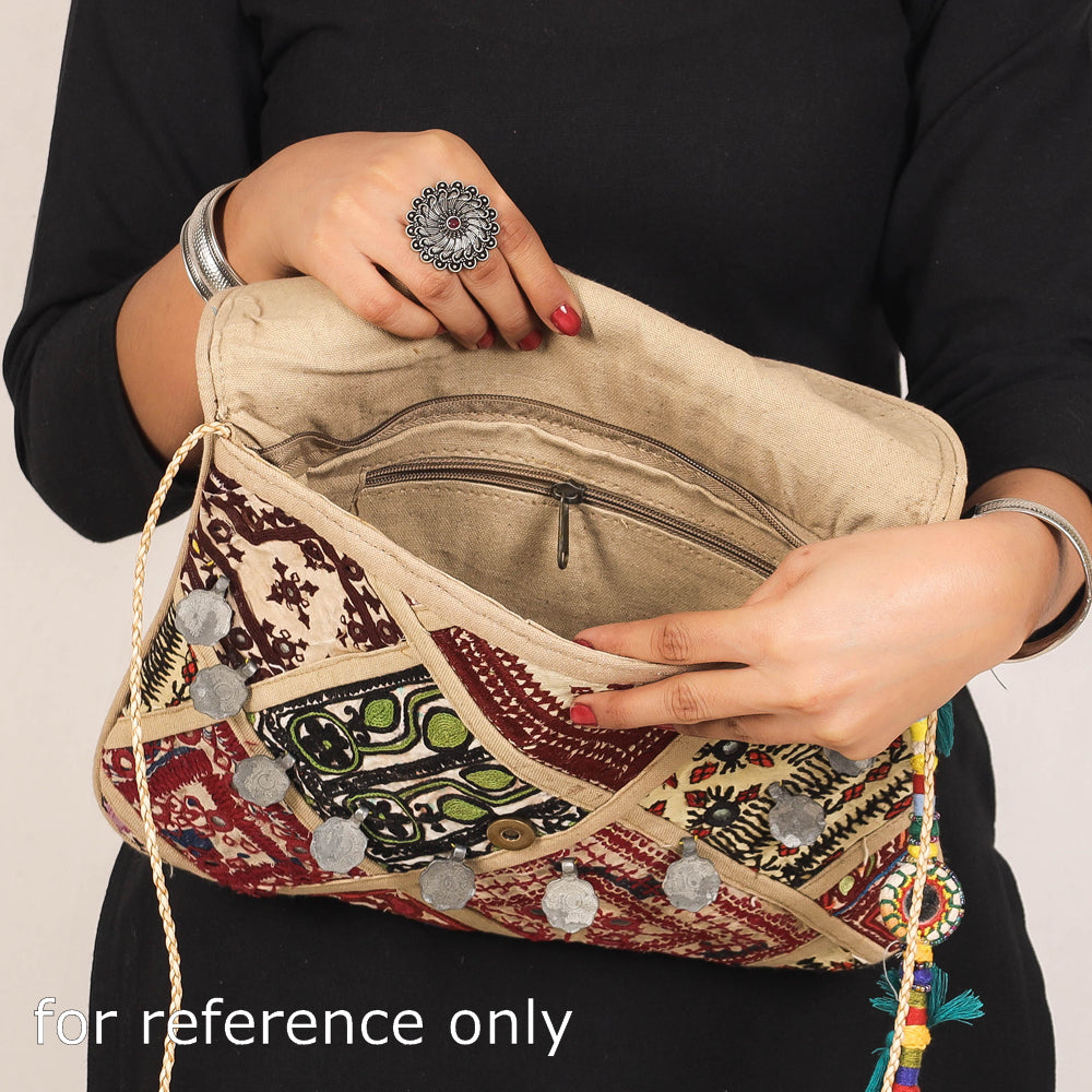 Beige - Banjara Vintage Embroidery Mirror & Coin Work Sling Bag