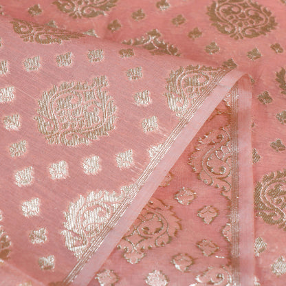 Pink - Pure Banarasi Handwoven Cutwork Zari Buti Silk Cotton Fabric