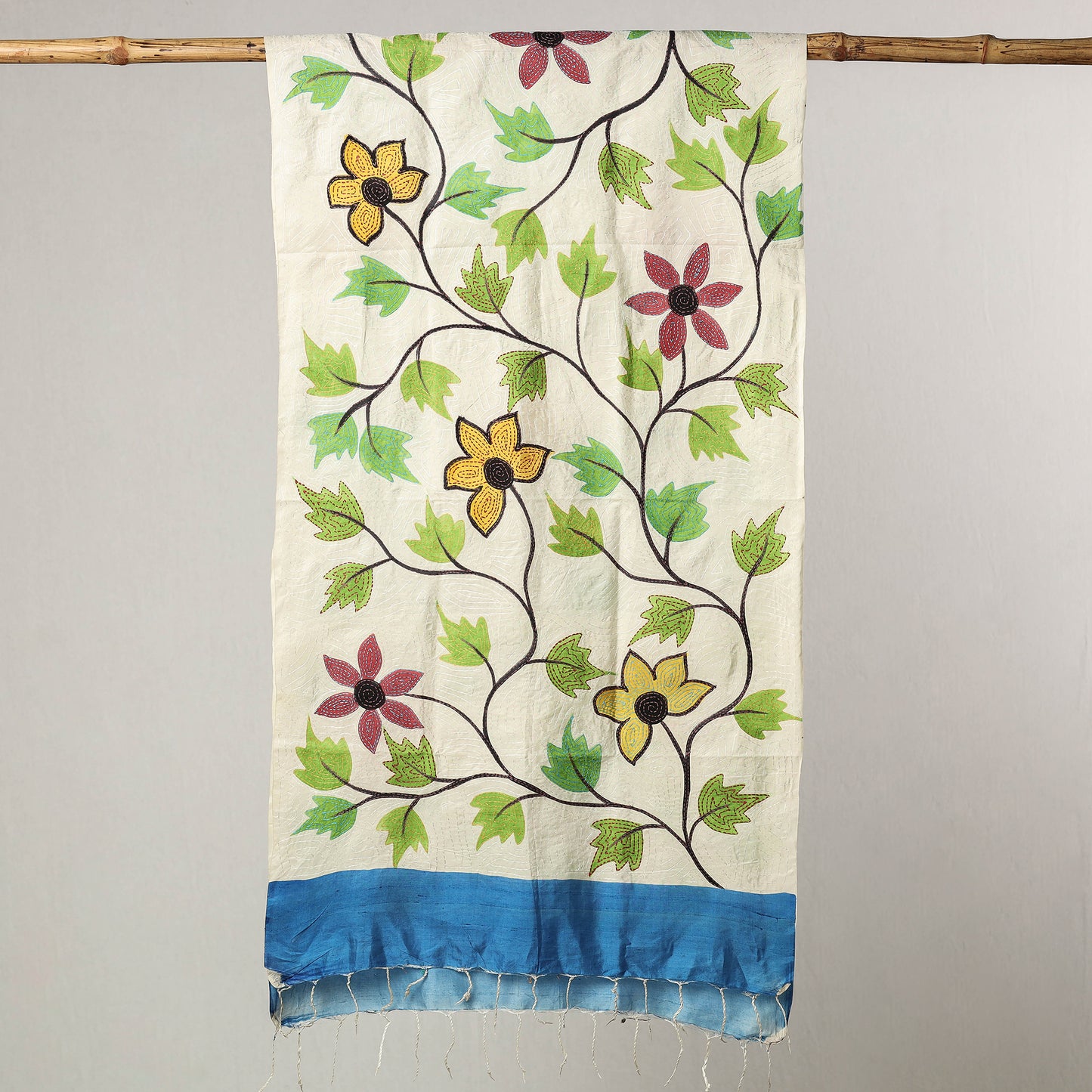 Beige - Bengal Kantha Embroidery Handpainted Tussar Silk Handloom Stole 24