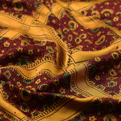 Yellow Lines & Floral Blocks Sufiyan Khatri Modal Silk Ajrakh Hand Block Printed Fabric