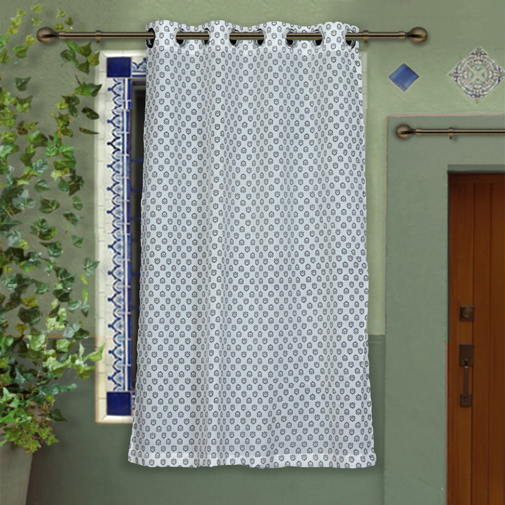 White - Hand Block Printed Cotton Window Curtain (5 x 3.5 feet) (single piece)