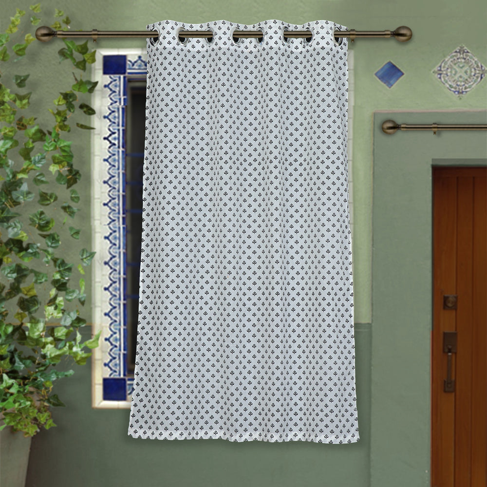 White - Hand Block Printed Cotton Window Curtain (5 x 3.5 feet) (single piece)