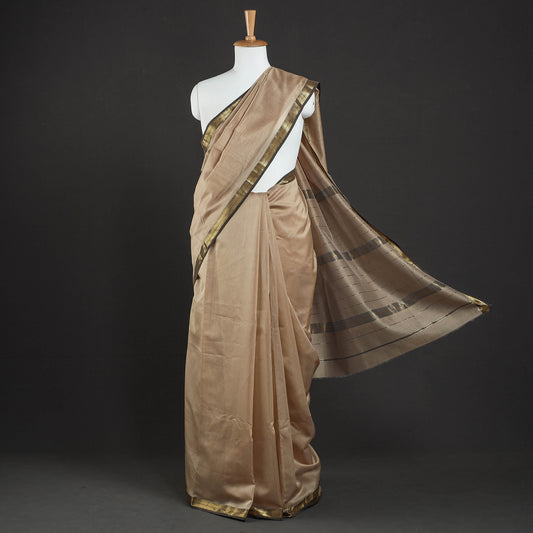 Brown - Traditional Maheshwari Silk Handloom Zari Work Saree