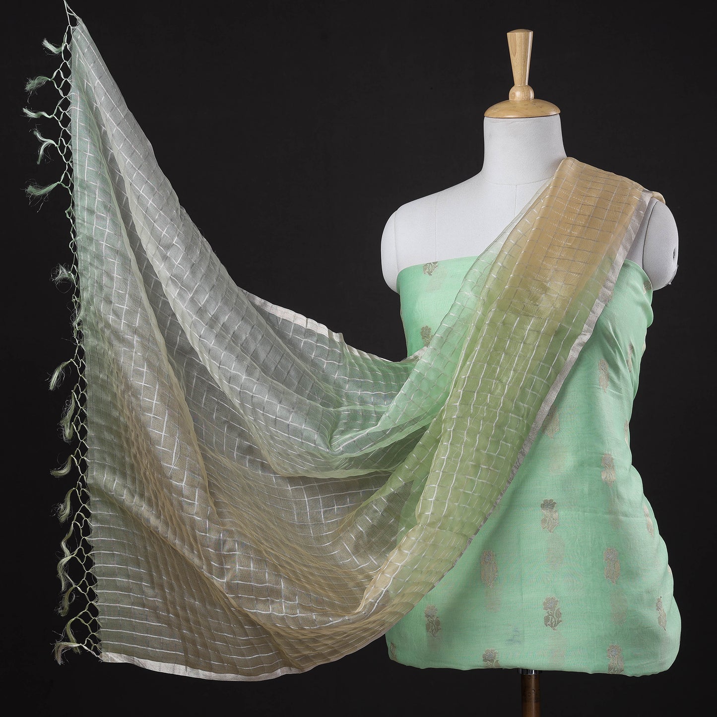 Green - 2pc Chanderi Silk Zari Buti Handloom Suit Material with Ombre-Dyed Dupatta