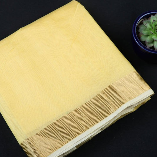 Yellow - Chanderi Silk Nakshi Kinari Border Handloom Mercerized Precut Fabric