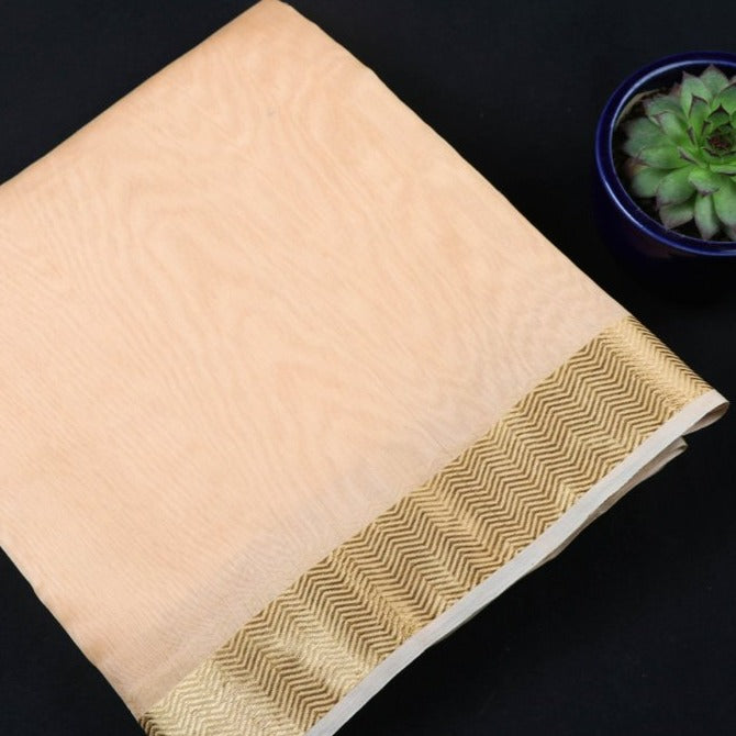 Beige - Chanderi Silk Nakshi Kinari Border Handloom Mercerized Precut Fabric