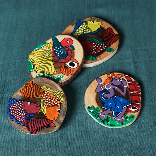 Traditional Patachitra Painted Akashmoni Wooden Coasters (Set of 4)