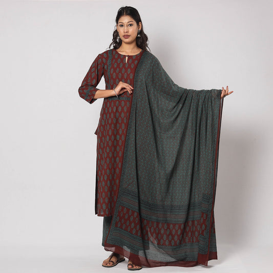 Maroon - Bagh Block Printing Cotton Kurta with Palazzo & Dupatta Set