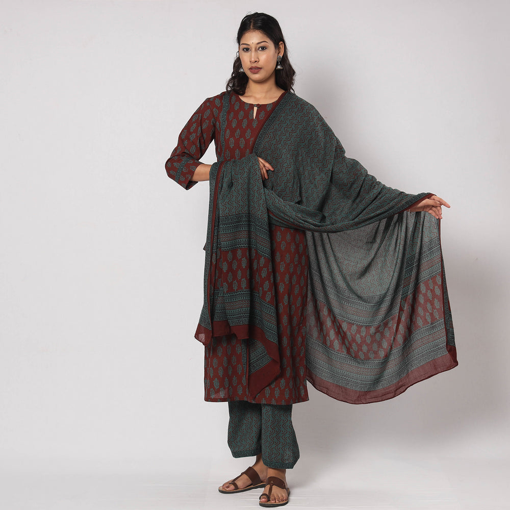 Bagh Block Printing Cotton Kurta with Palazzo & Dupatta Set