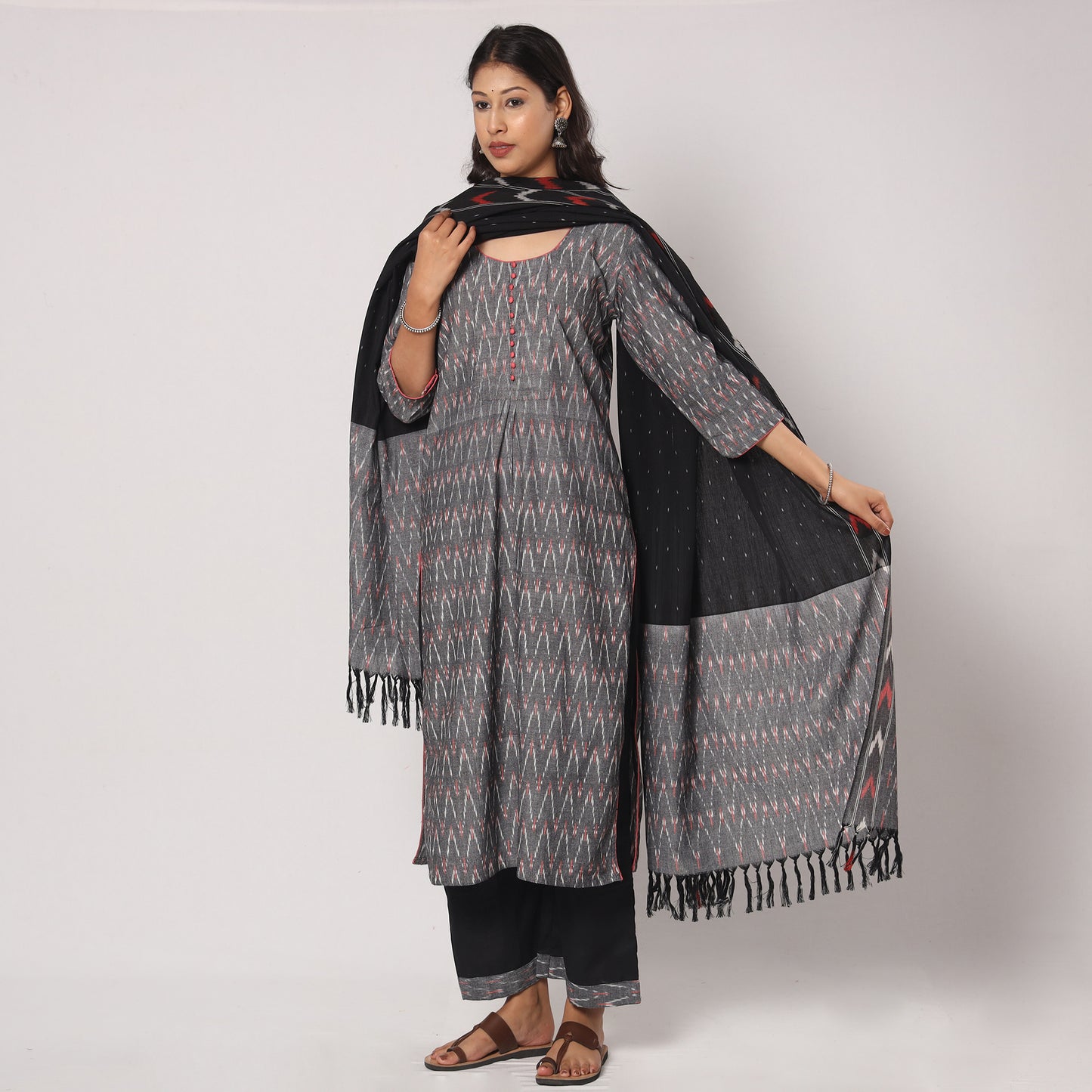 Grey - Pochampally Ikat Cotton Kurta with Palazzo & Dupatta Set