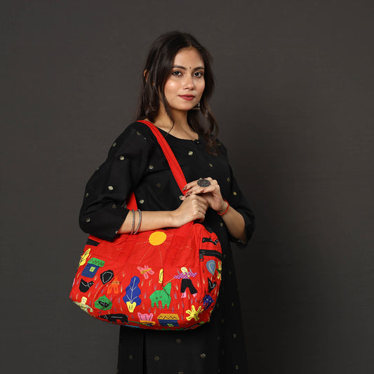 Red - Pipli Applique Work Cotton Shoulder Bag