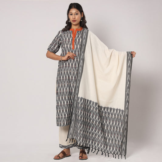 Grey - - Pochampally Ikat Weave Cotton Kurta with Palazzo & Dupatta Set