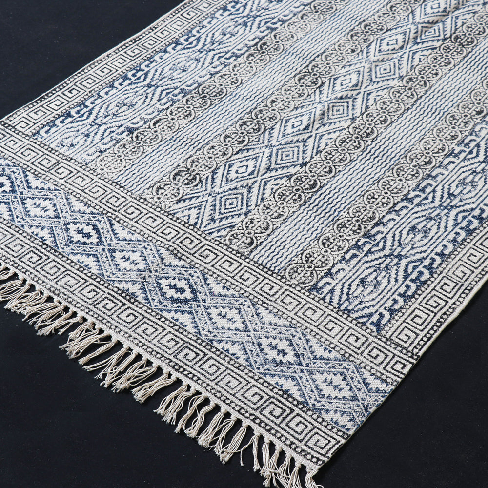 Pure Handloom Block Printed Cotton Durrie / Carpet / Rug (60 x 35 in)