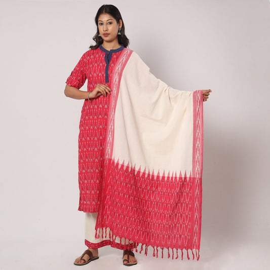 Pink - - Pochampally Ikat Weave Cotton Kurta with Palazzo & Dupatta Set