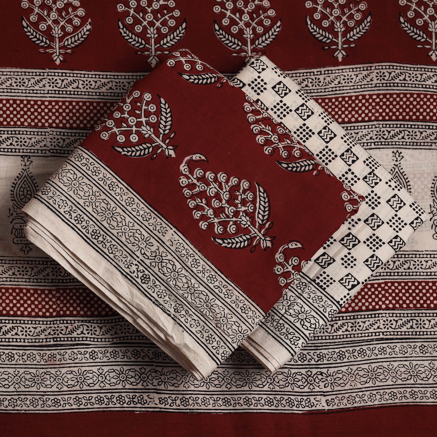 Red - 3pc Bagh Block Printed Natural Dyed Cotton Suit Material Set 07
