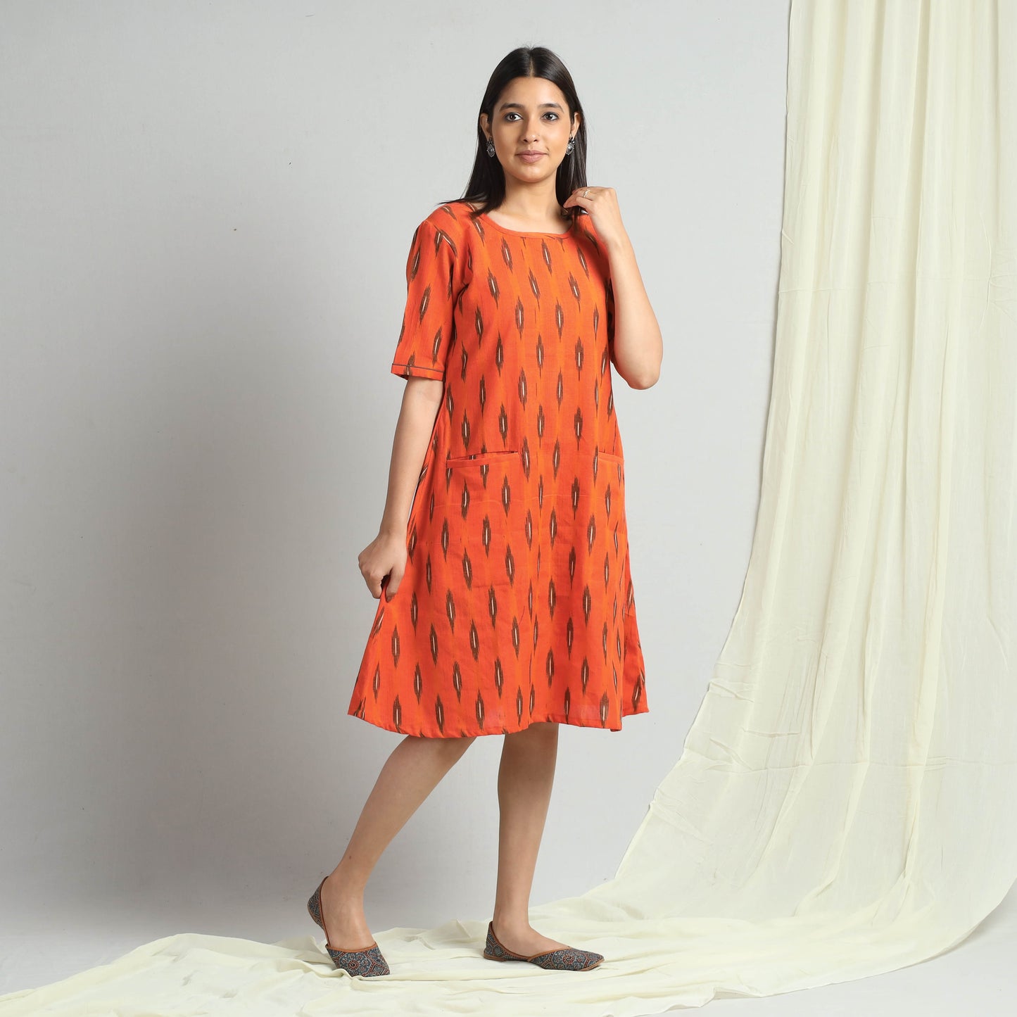 Orange - Pochampally Ikat Weave Cotton Dress