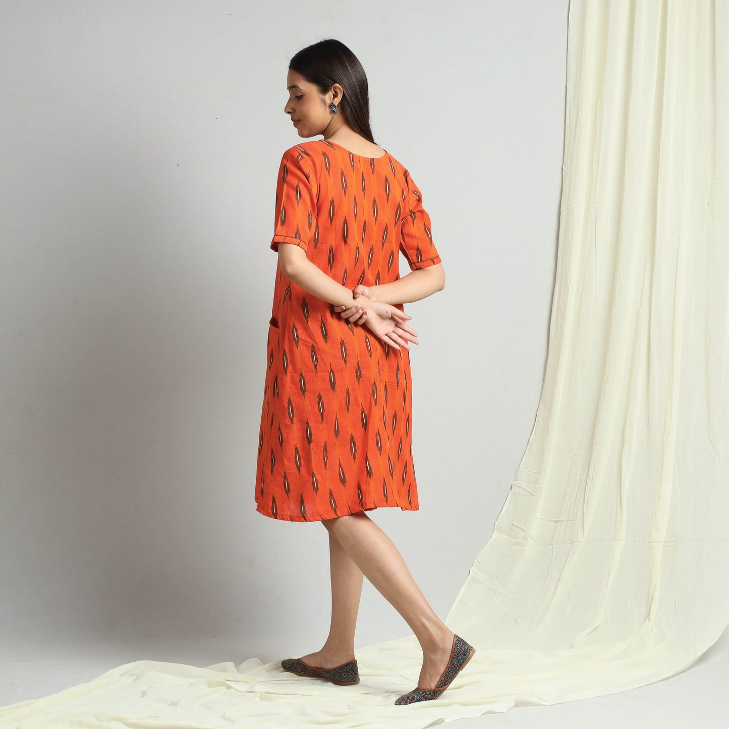 Orange - Pochampally Ikat Weave Cotton Dress