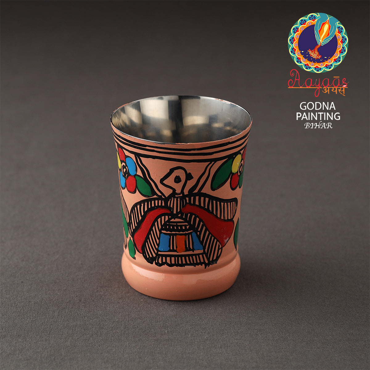 Godna Madhubani Peach Handpainted Stainless Steel Glass