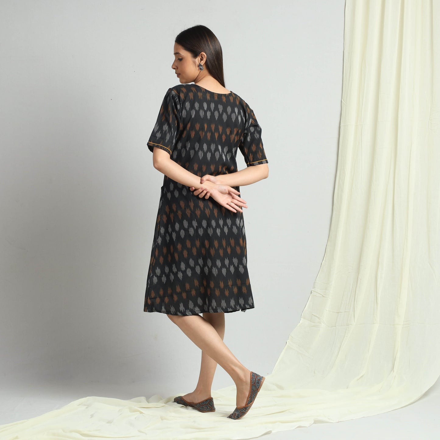 Black - Pochampally Ikat Weave Cotton Dress