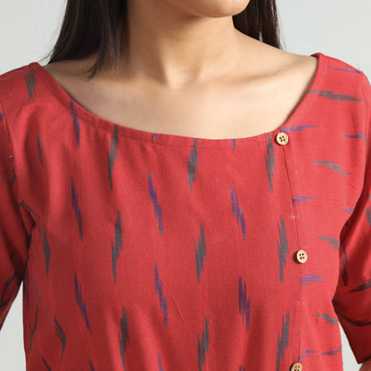 Red - Pochampally Ikat Weave Cotton Dress