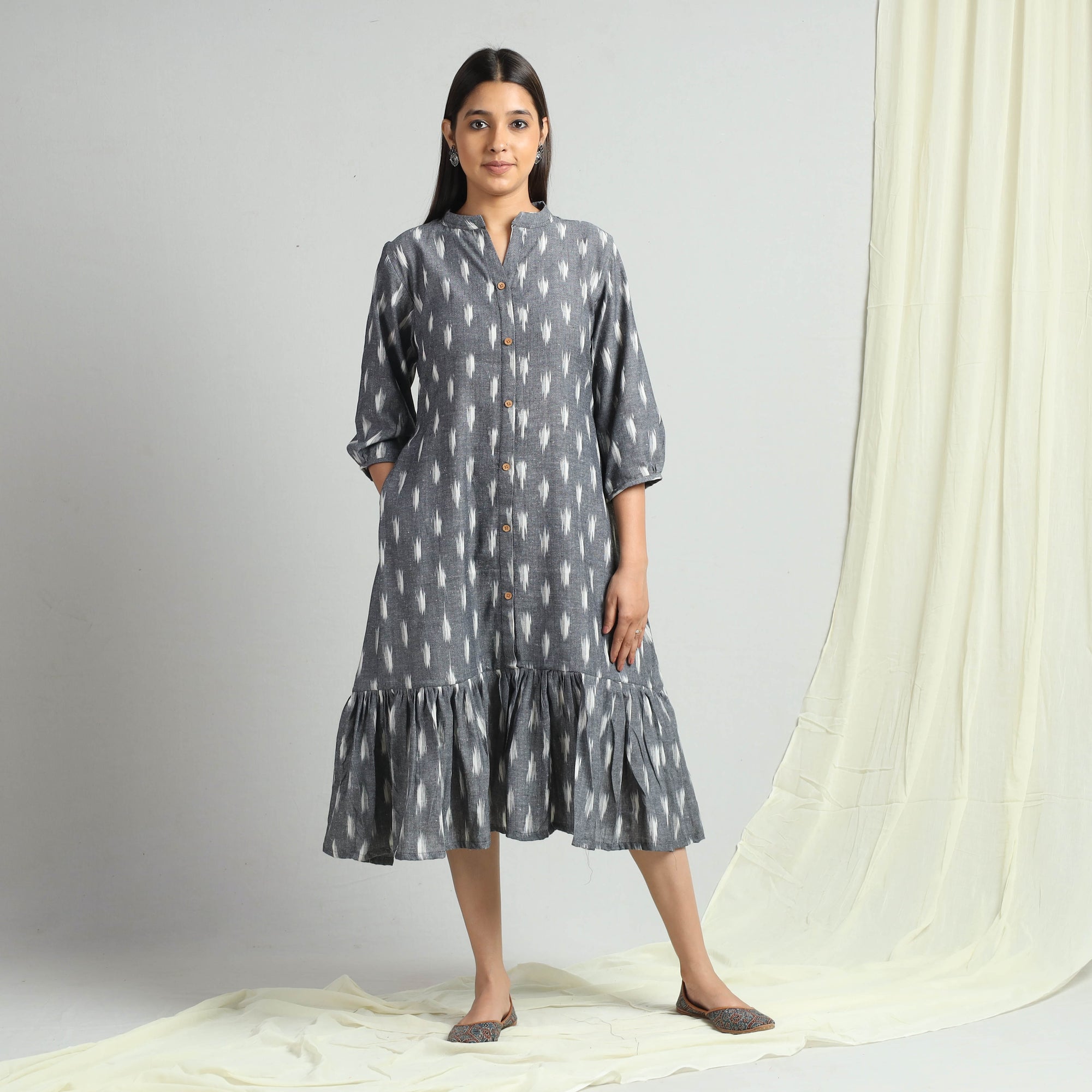 Grey - Pochampally Ikat Weave Flare Cotton Dress