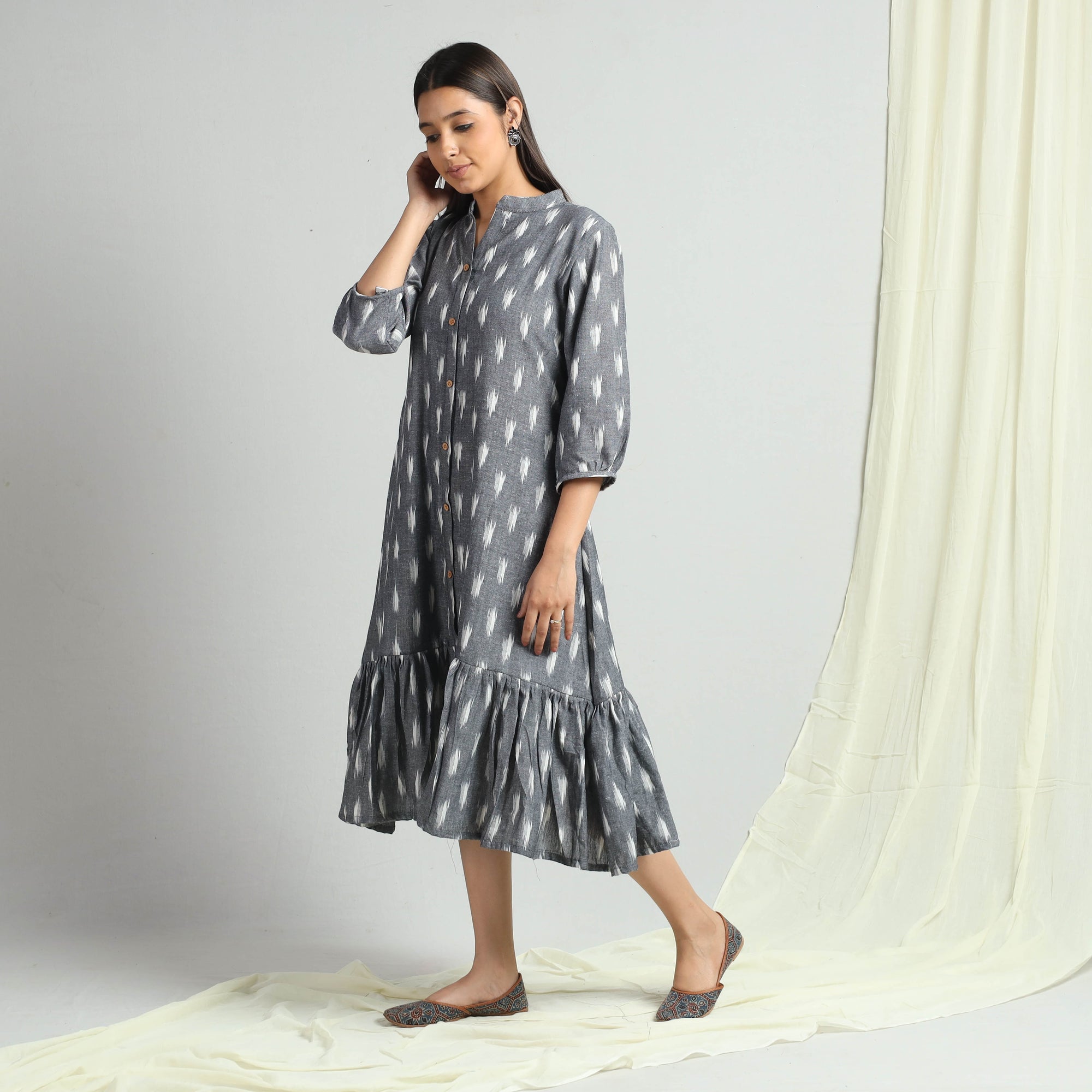 Grey - Pochampally Ikat Weave Flare Cotton Dress