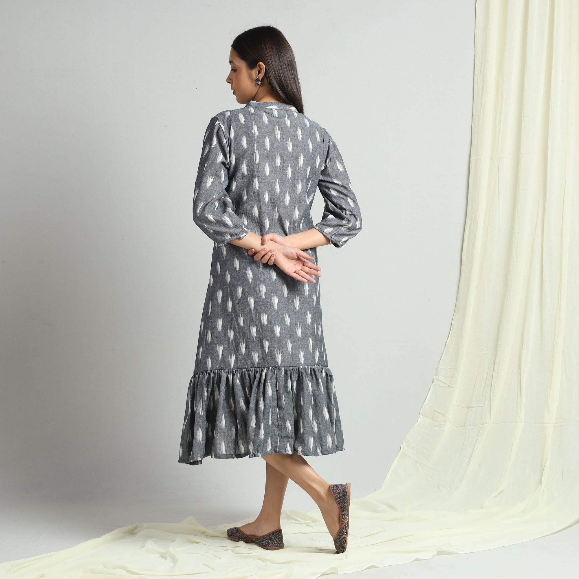 Grey - Pochampally Ikat Weave Flare Cotton Dress